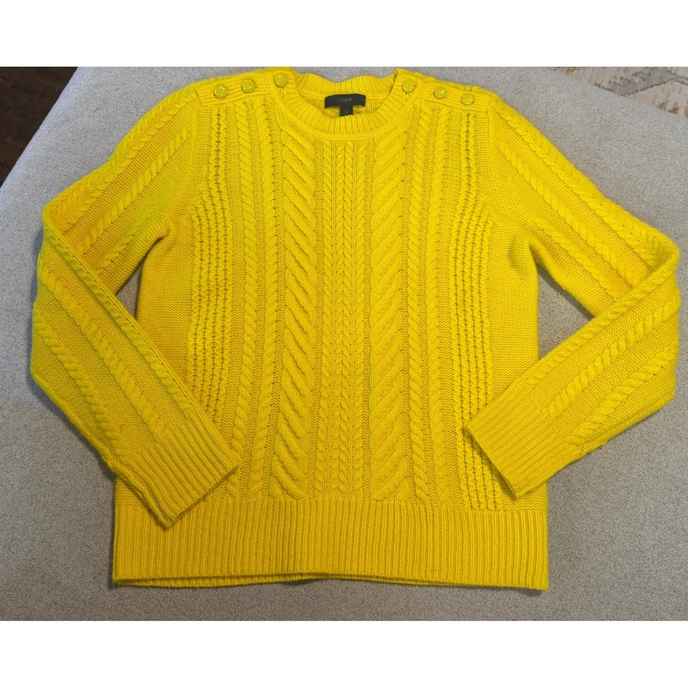 J.Crew Womens Yellow 100% Wool Cable Knit Shoulder Button Sweater S RN77388